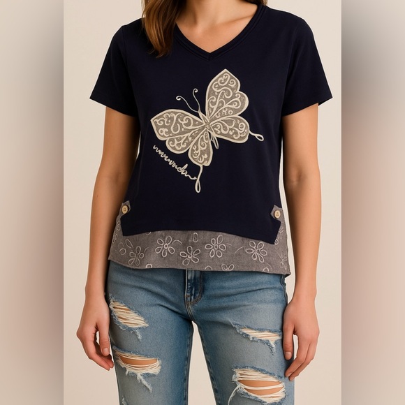 Jing Yang Tops - Jing Yang‎ Butterfly Floral Layered V‑Neck Top Boho Chic Resort Wear Size Medium